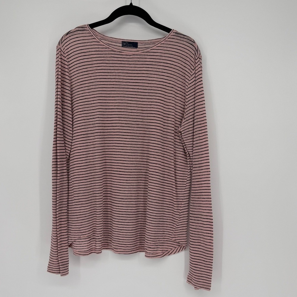 GAP Womens Pink Navy Blue Striped 100% Linen Long Sleeve Knit Top Size M